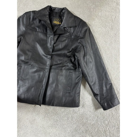 KC Collections Leather Jacket Womens M Black Collar Pockets Hook &‎ Loop Closure - Picture 2 of 10
